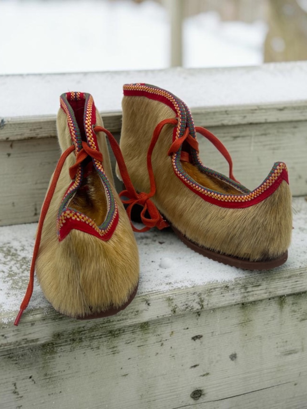 Vintage Sami Reindeer Fur Slippers, Lapland Moccasins, Size 7